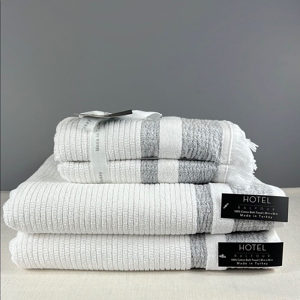 Hotel Balfour BathTowel Set White Tan Stripe Fringe Soft Turkish Cotton 4 Pc NEW